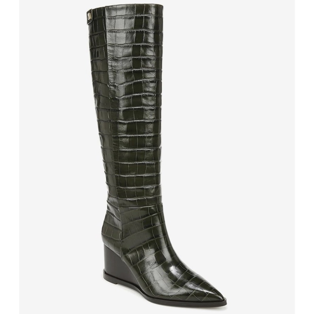 Franco Sarto Estella Wedge Tall Boot In Green Croc Embossed Leather Size 7 NIB